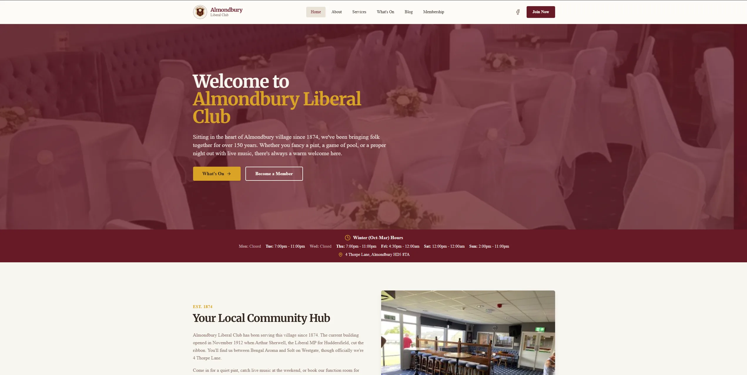 Almondbury Liberal Club website — custom web design for a local Huddersfield venue